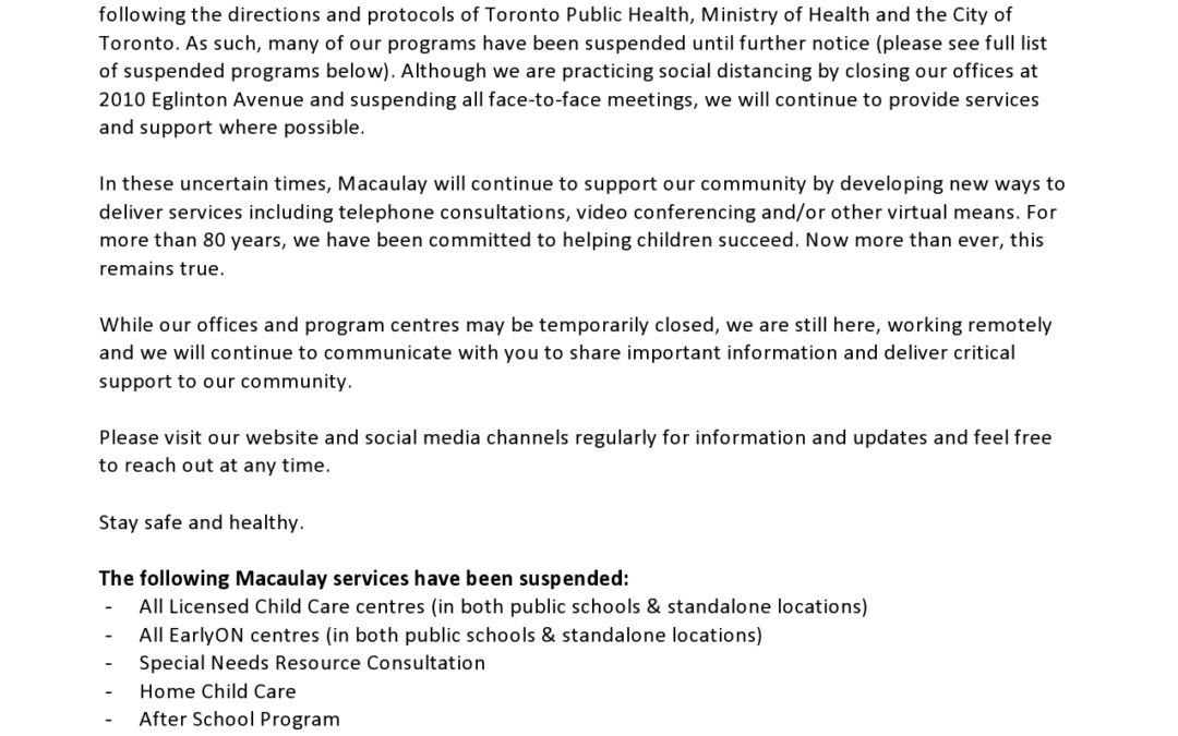 IMPORTANT: Affected Services at Macaulay in Response to COVID-19